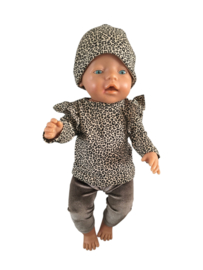 Poppensetje leopard zand met legging en muts voor babyborn
