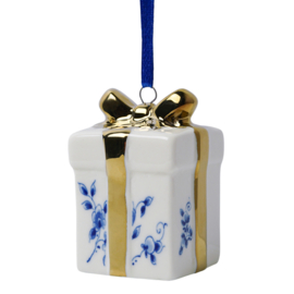 Kersthanger - Delfts blauw cadeautje met gouden strik - 6,5 cm