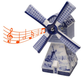 Muziekdoosje molen 25 cm - Delfts blauw - met draaiende wieken