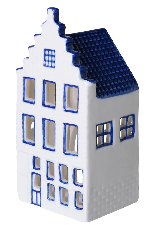 Waxinelichthouder huisje - Delfts blauw - 13 cm - Trapgevel