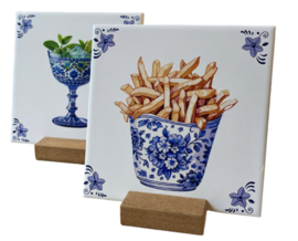 Tegeltje Delfts blauw - Friet - 15 x 15 cm - incl. standaard