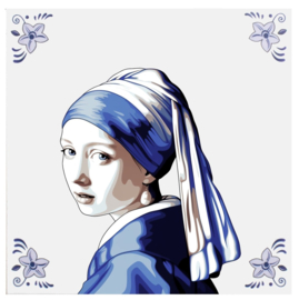 Tegeltje Delfts blauw - Meisje met de Parel - 15 x 15 cm - incl. standaard