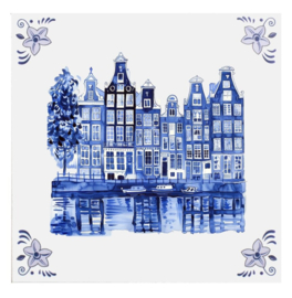 Tegeltje Delfts blauw - Grachtenpanden- 15 x 15 cm - incl. standaard