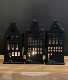 Waxinelichthouder - Grachtenhuisjes groot zwart - set van 3