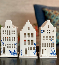 Waxinelichthouder - Grachtenhuisjes groot Delfts blauw - set van 3