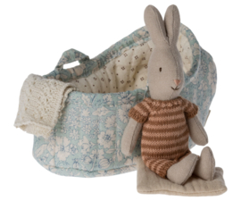 Maileg rabbit in a carry cot blue