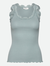 Rosemunde iconic silk top with lace blue mist
