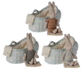 Maileg rabbit in a carry cot blue