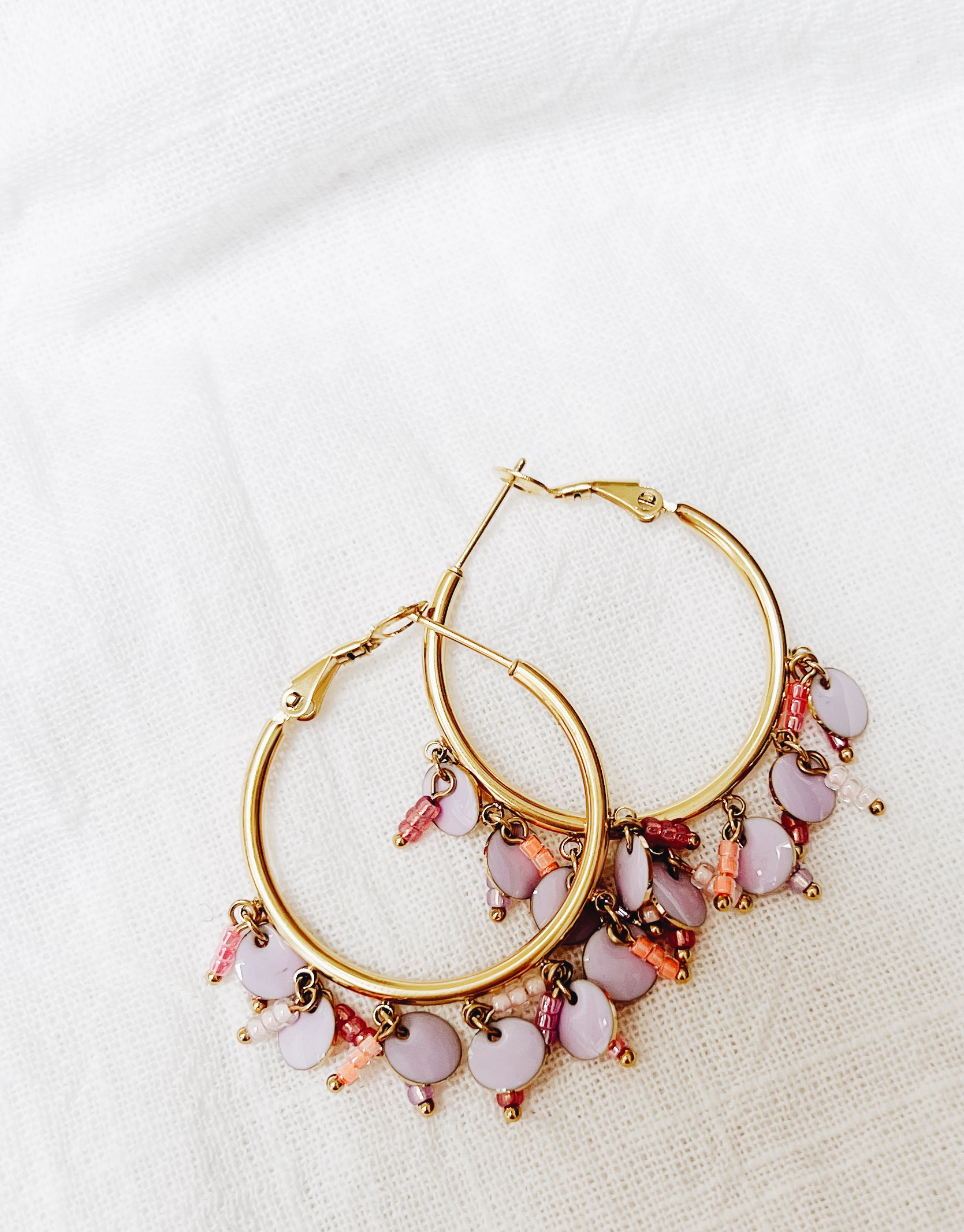 Earring oorbel ring and beads pink lilac