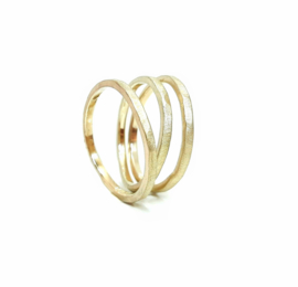 Deze set bestaat uit 3 gehamerde ringen  in 18kt champagne goud, de ringen kunnen samen of apart gedragen worden. Ook verkrijgbaar in geel of rosé goud.