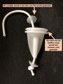 Draaibare bevestiging  /  verbinder voor poppenhoofd op stoffen lijf.