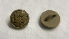 10 mini metalen poppenknoopjes 4 mm doorsnede met gevleugelde helm motief.