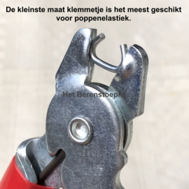 Tang om dikke maten elastiek vanaf 4 mm doorsnede aan elkaar te klemmen, mèt klemmetjes