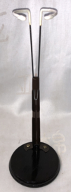 Vintage poppenstandaard rond hout + metaal voor een tot 30 tot 42 cm lange pop  .