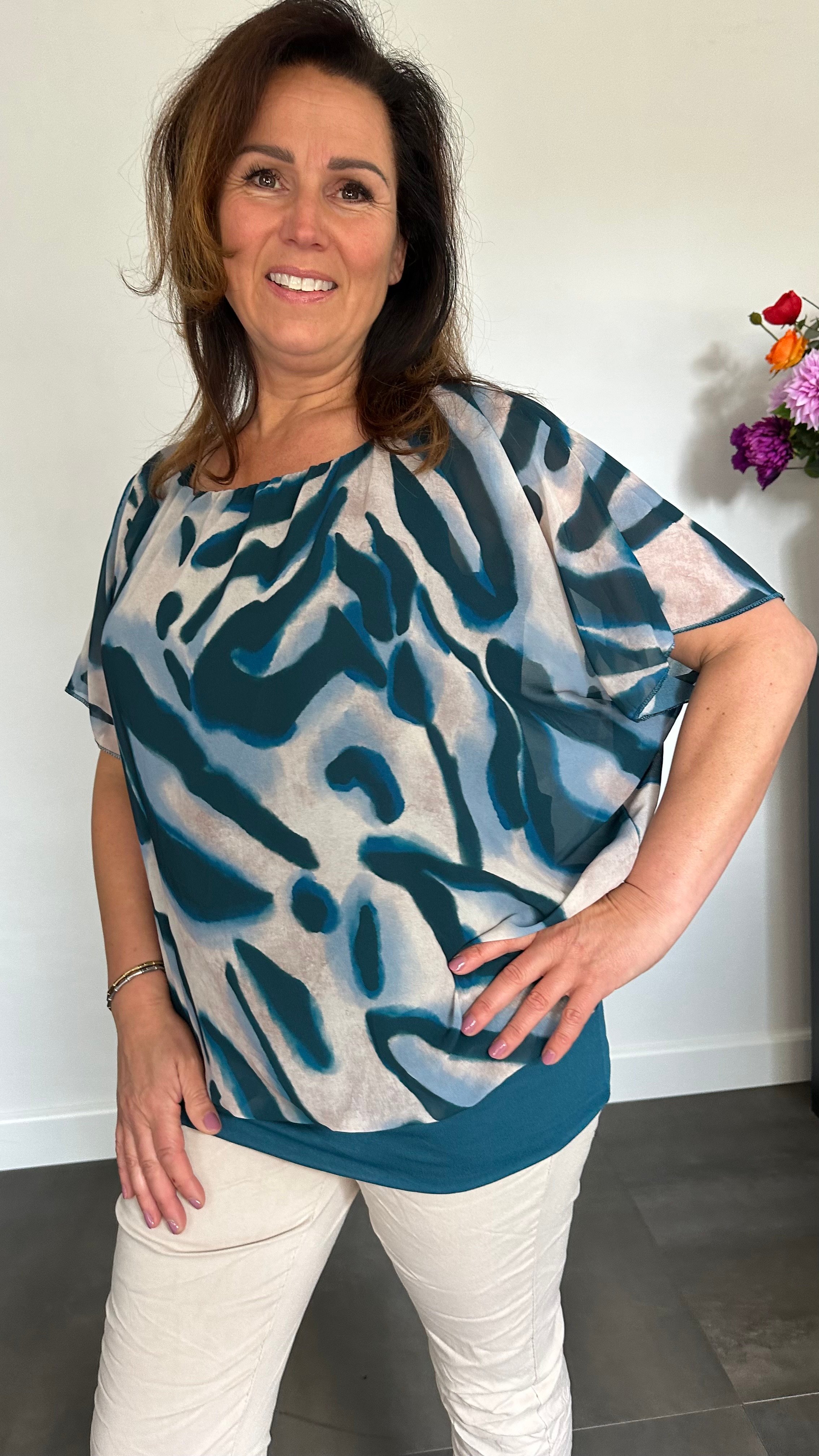 Blouse met boord lava petrol