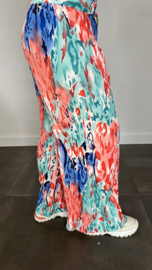 Plisse broek met wijde pijp coloured flames koraal SALE