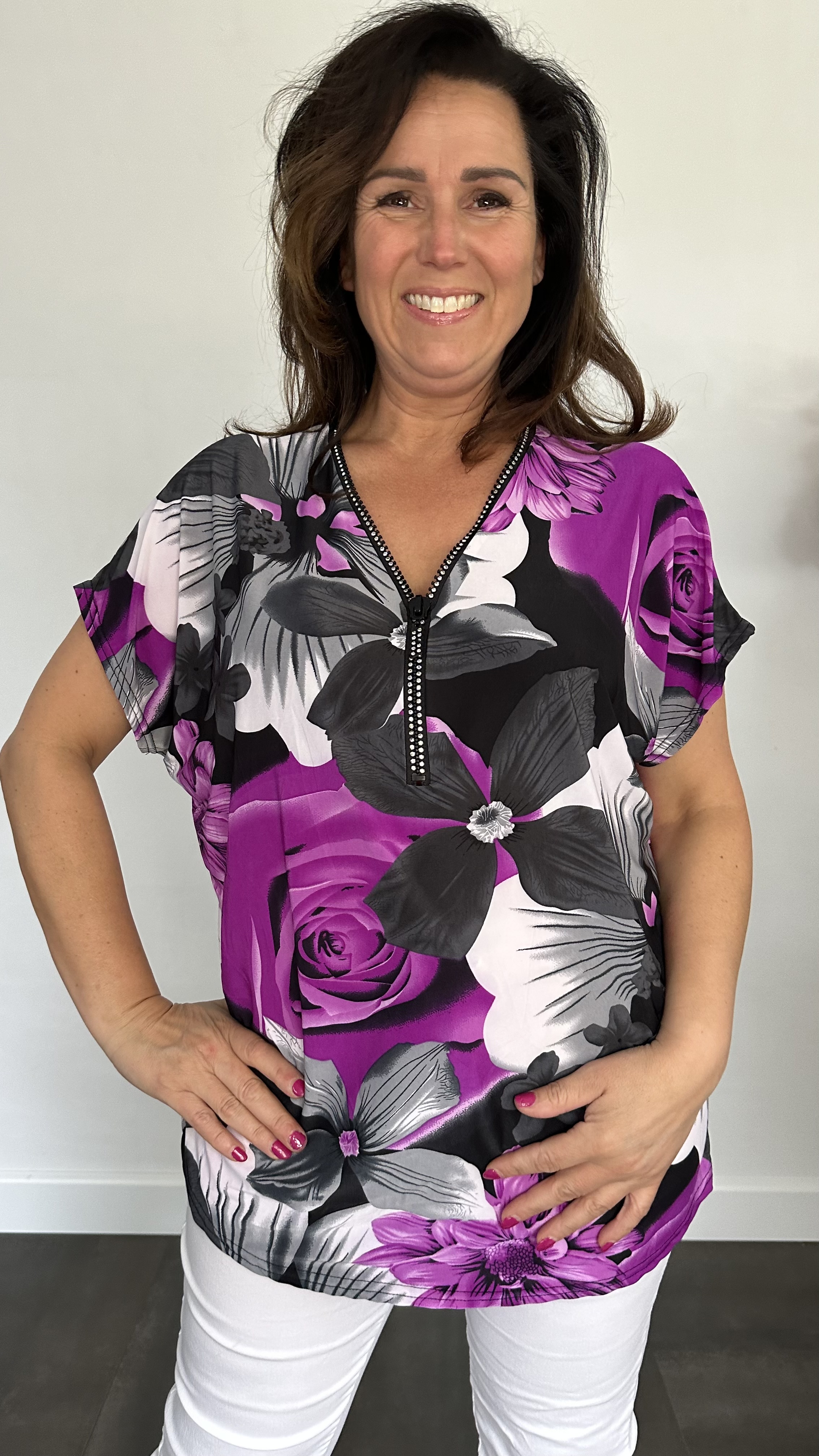 Shirt Zipp gebloemd magenta