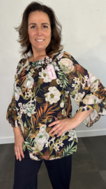 Blouse met gesmokte band palm roos marine/ ecru SALE