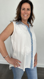 Mouwloze broderie blouse met denim kraag