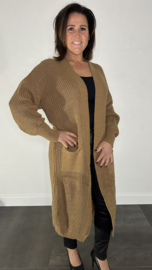 Lang grof gebreid vest met pofmouw zilver sparkle camel