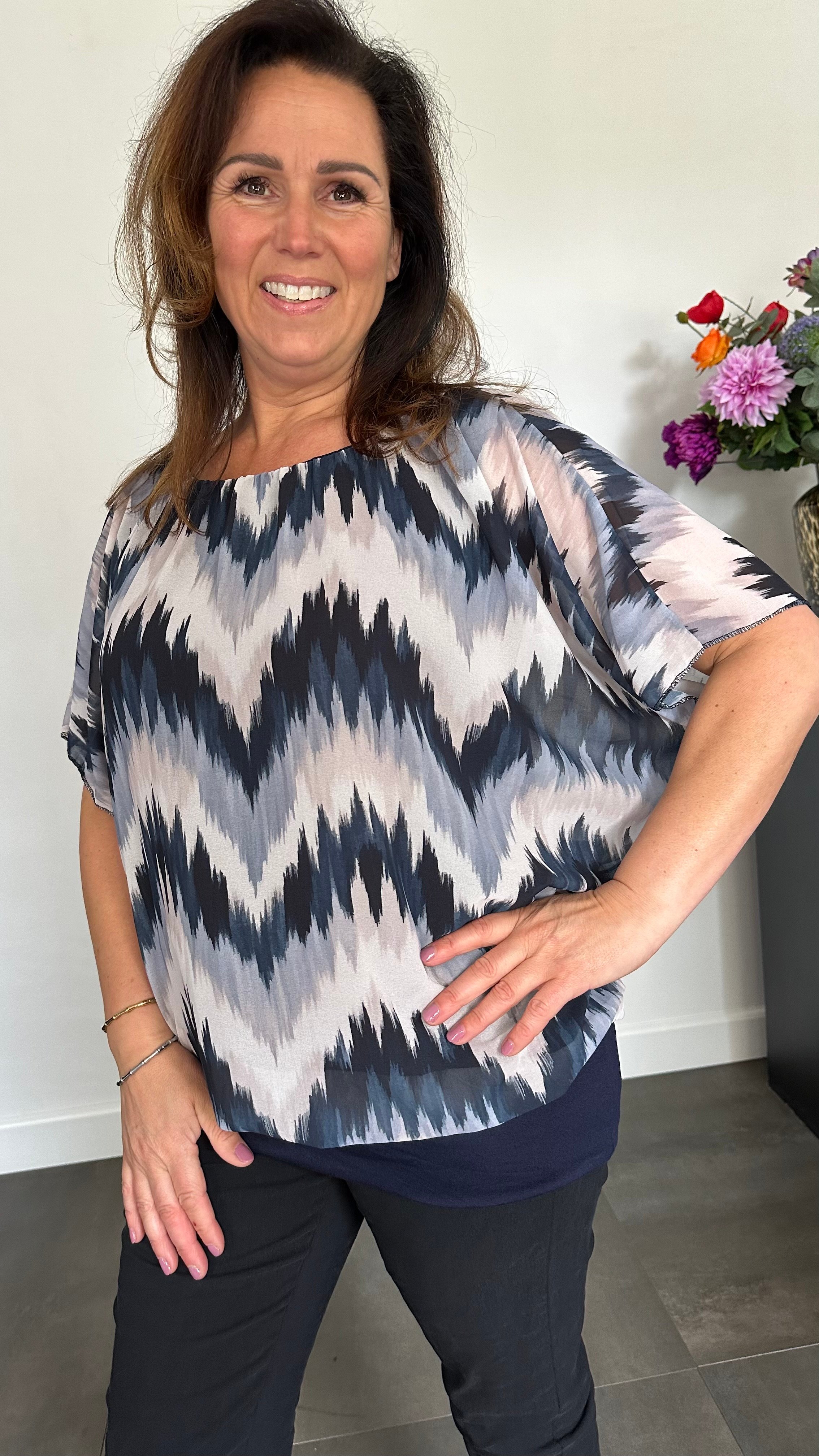 Blouse met boord zigzag marine