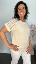 Linnenlook shirt met gehaakt kant Zand