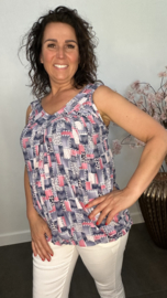 Ballon top met V-hals Patchwork blauw/roze