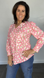 Soft shirt met v-hals en pofmouw cirkels pink