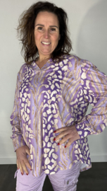 Velvet shirt met v-hals en pofmouw panter tijger lila