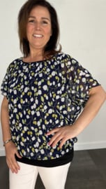 Blouse met boord small leaves marine/ lime