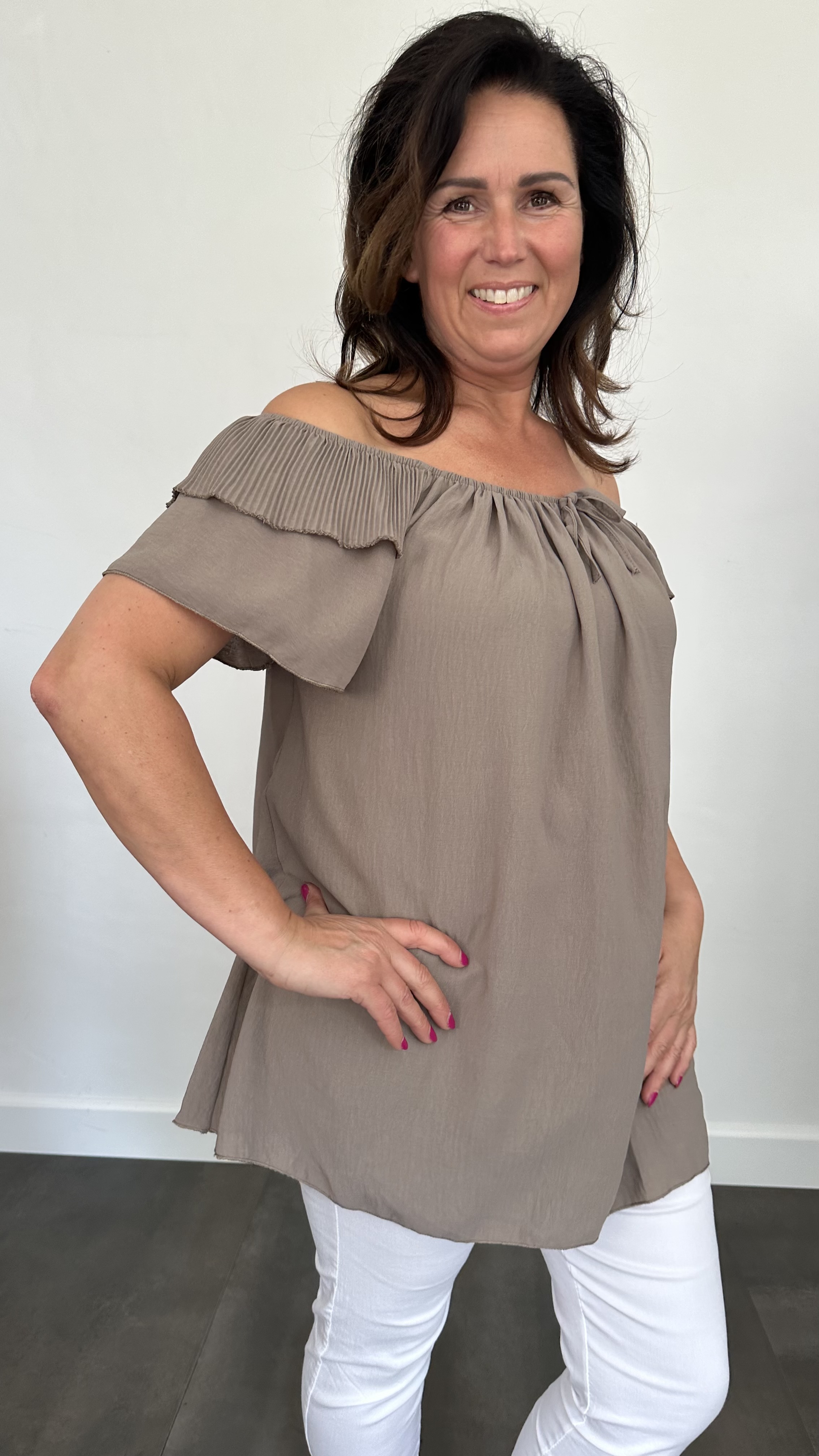 Top Kenza met plissé ruche taupe SALE