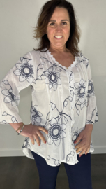 Blouse met flared mouw bloem marine/zilver SALE