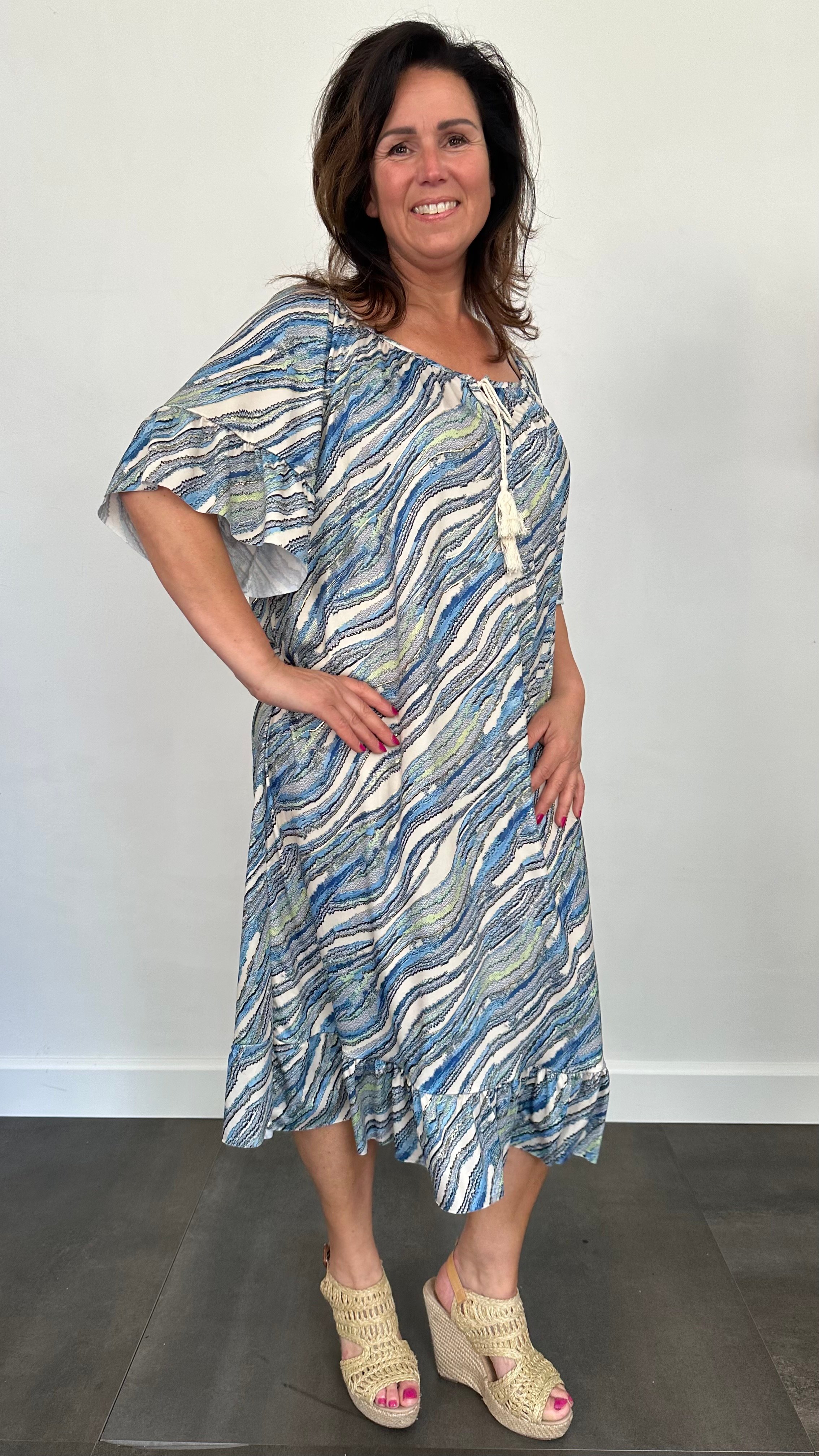 Jurk Aletta waves blauw/goud +SIZE
