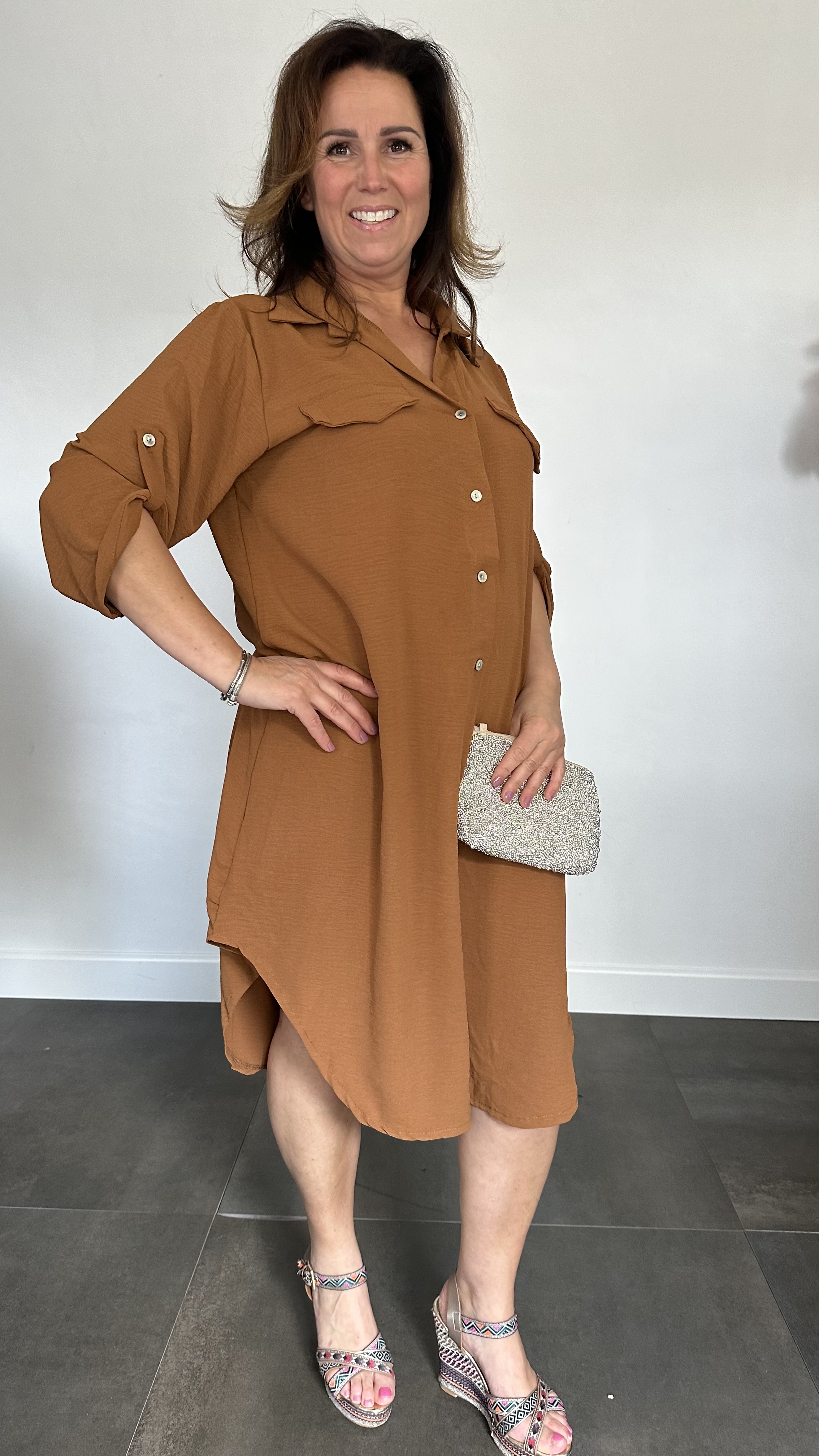 Blouse/ jurk crepe cognac