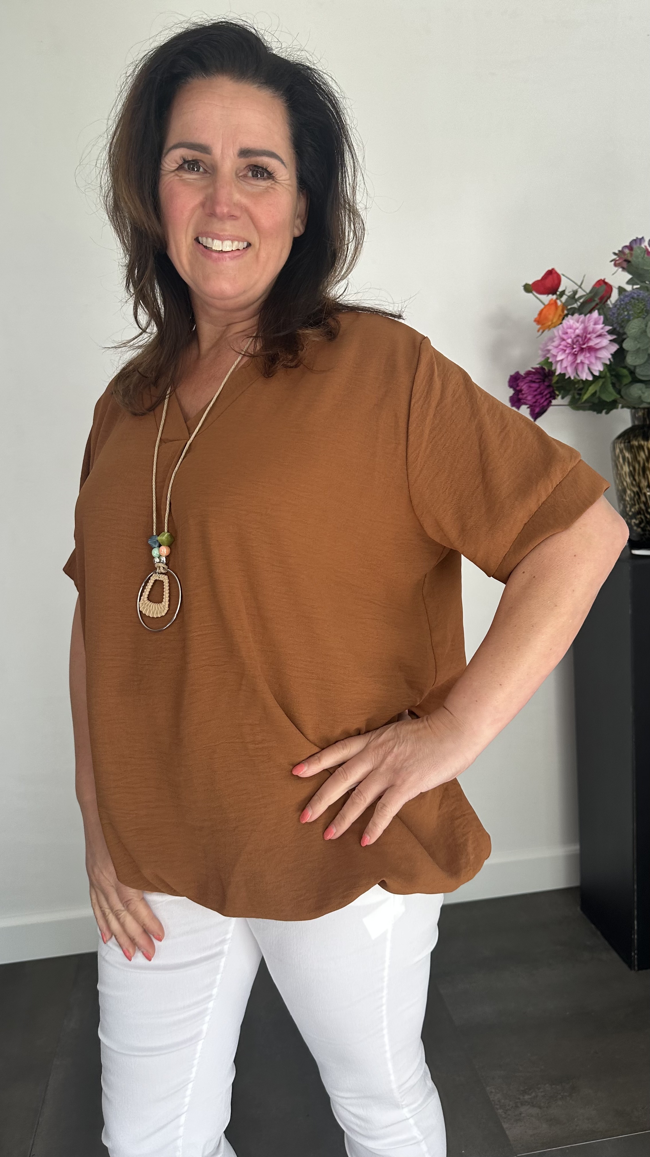 Top Maya korte mouw +SIZE cognac