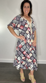 Jurk met elastiek in de taille (soft) square roze/grijs