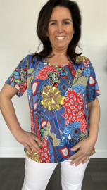 Ballon shirt met elastiek paisley leaves kobalt/rood (+size)