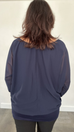 Blouse met boord lange mouw donker blauw +SIZE