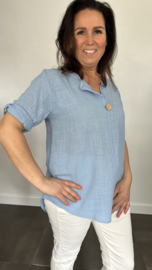 Linnenlook blouse met knoop ijsblauw