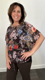 Blouse met boord gebloemd donker bruin