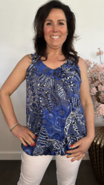 Ballon top met V-hals Leaves jeans/kobalt
