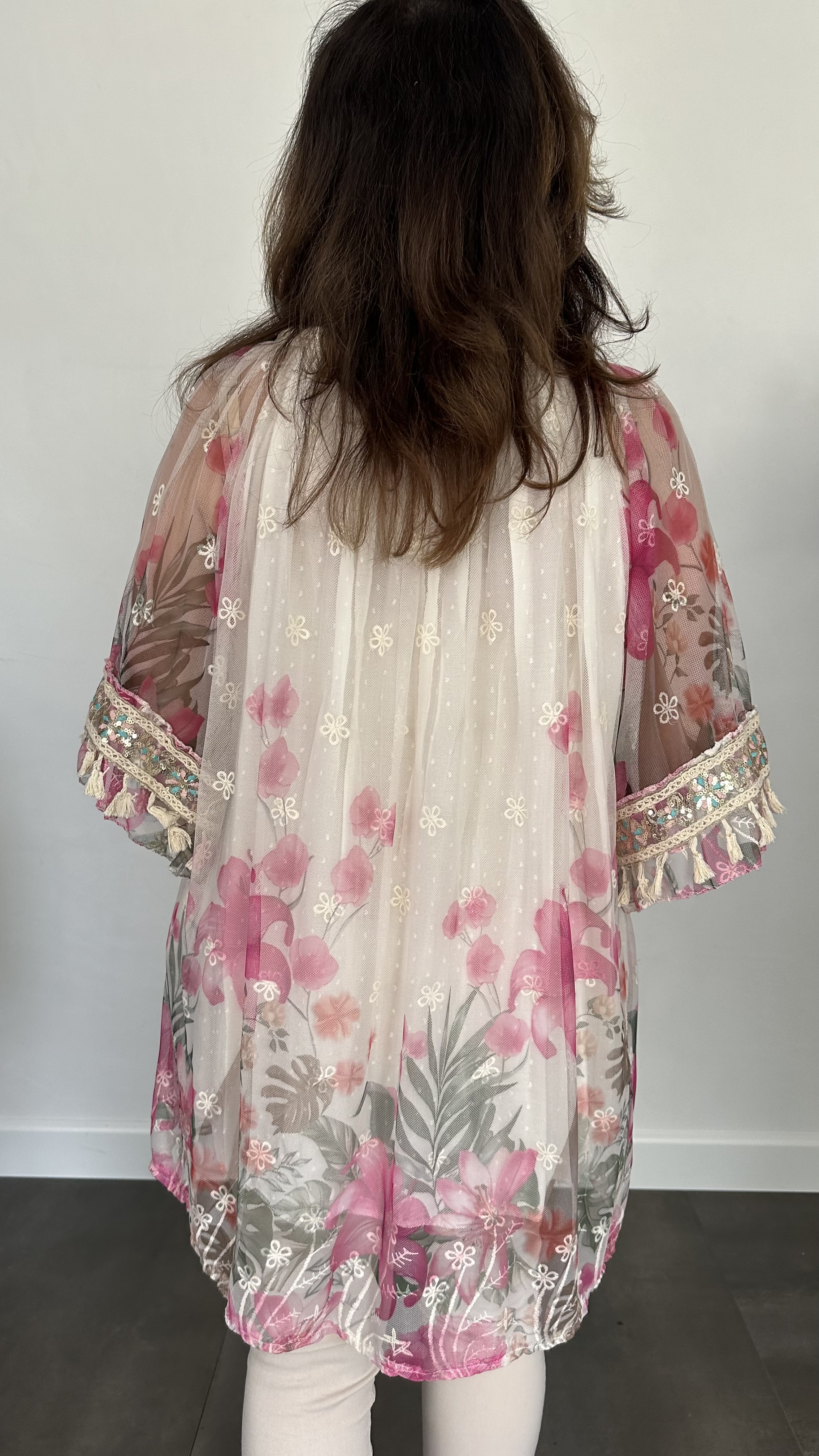Tule tuniek met bloemen print +SIZE fuchsia
