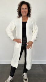 Lang grof gebreid vest met pofmouw ecru