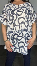 Linnenlook shirt Waves wit/ marine