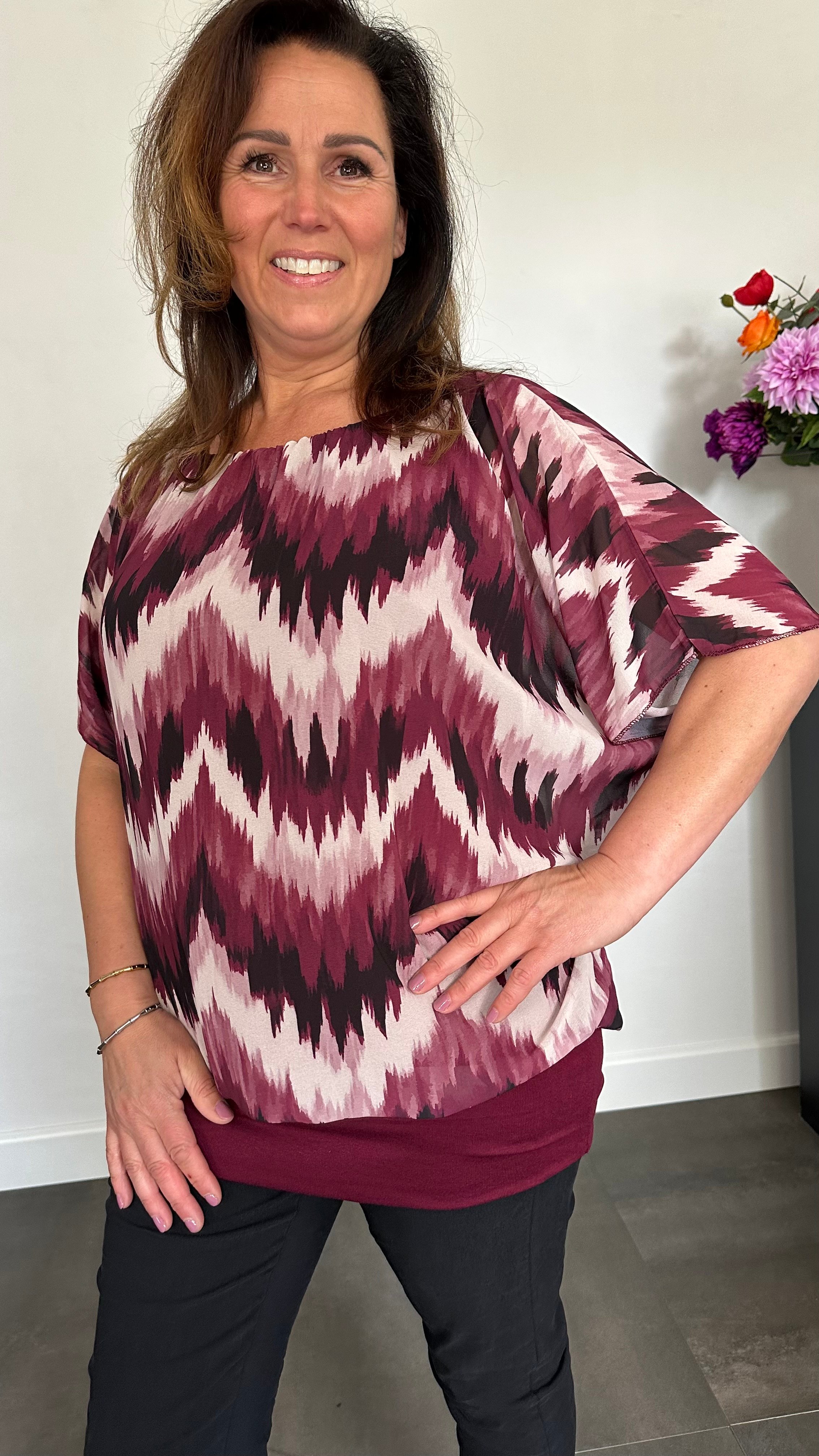 Blouse met boord zigzag wijnrood