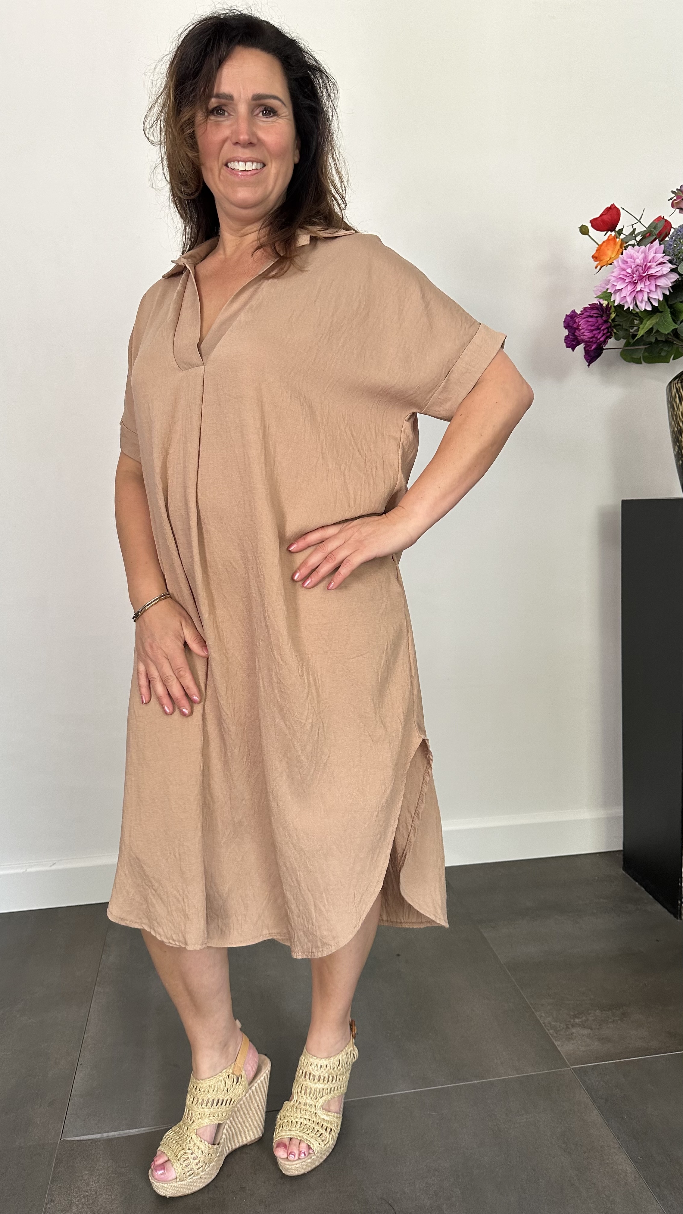 Jurk Leya uni +Size Camel