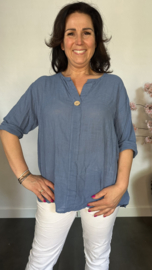 Linnenlook blouse met knoop jeans blauw