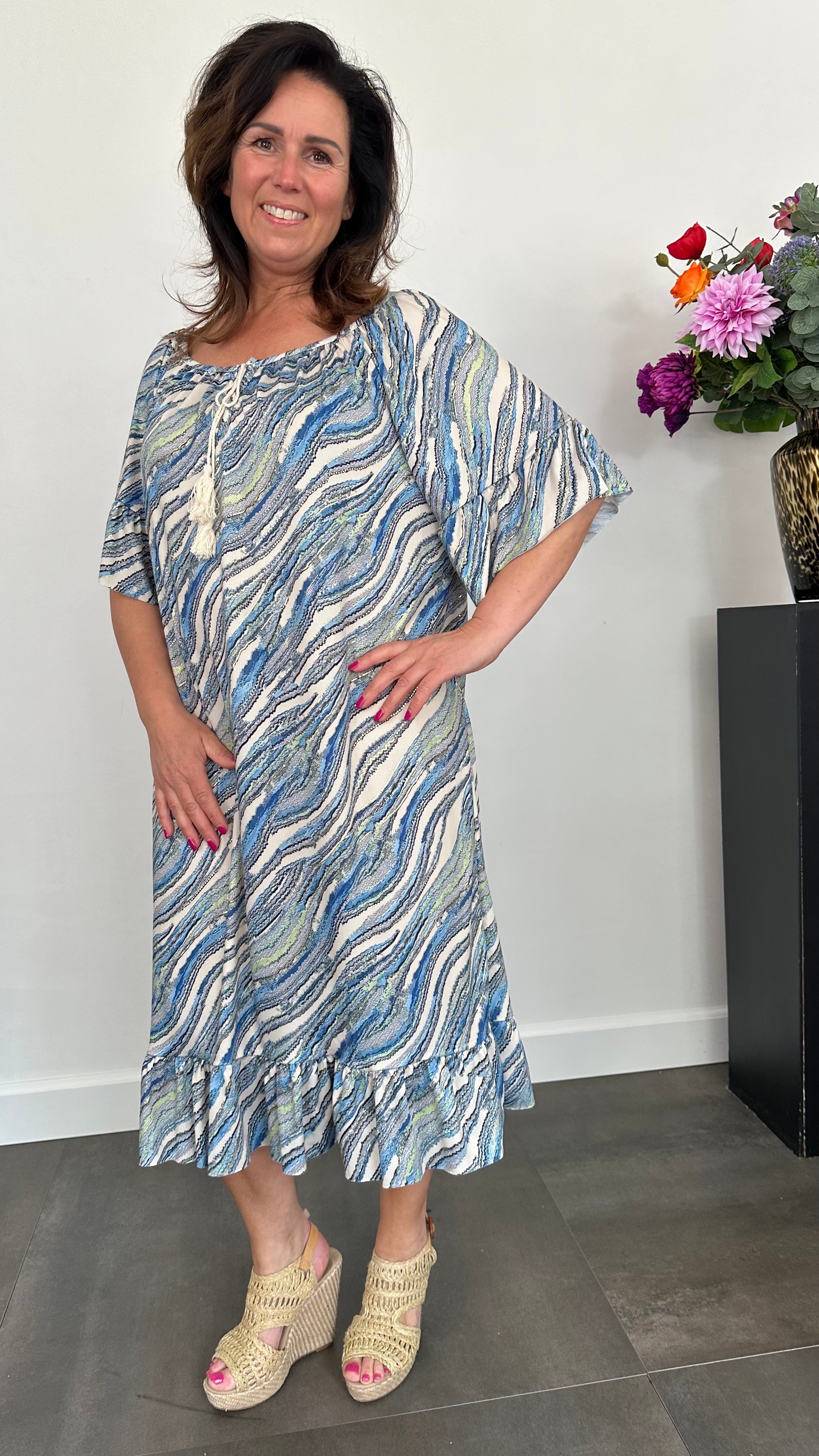 Jurk Aletta waves blauw/goud +SIZE