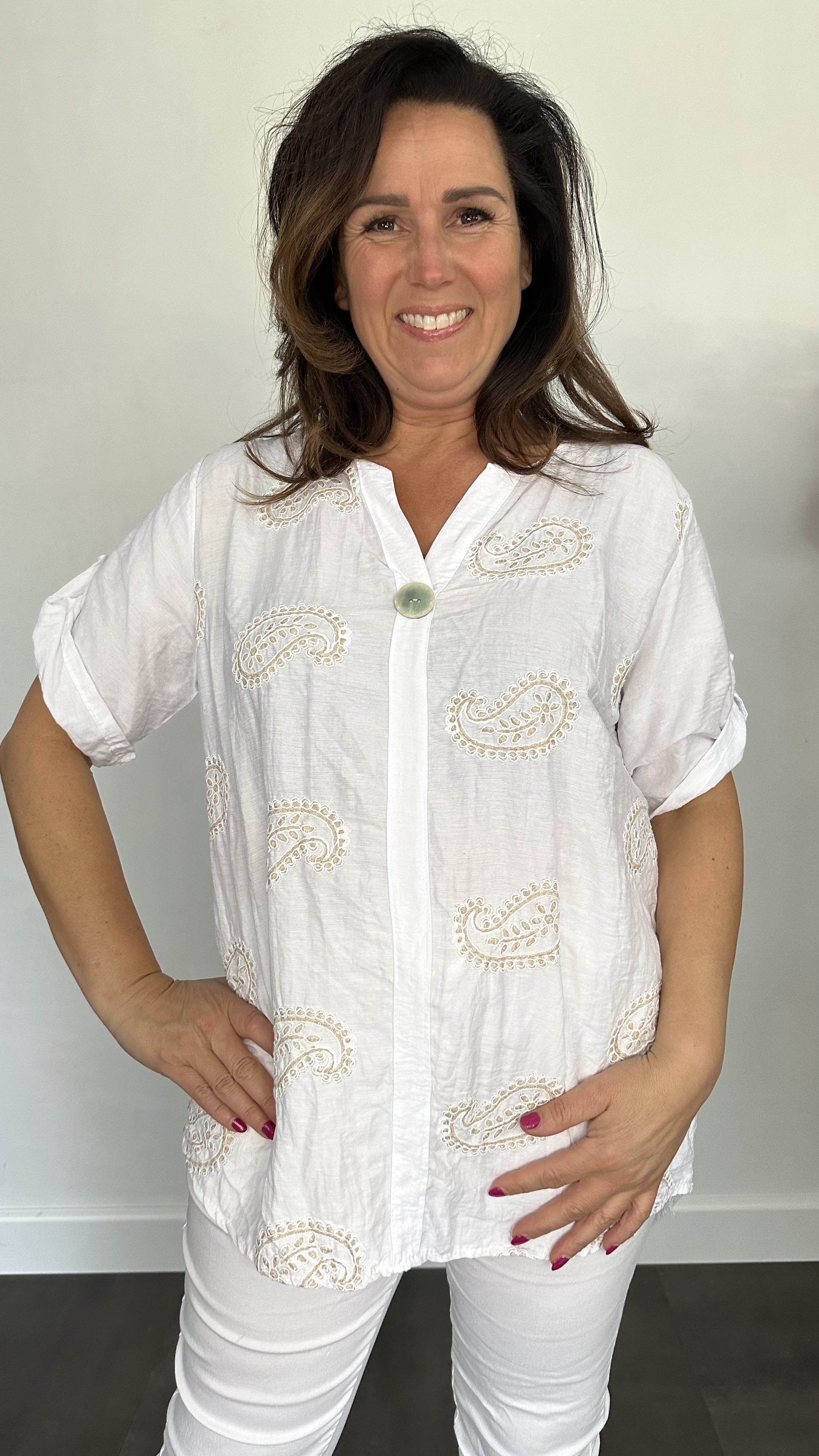 Linnenlook blouse met knoop Amanda wit