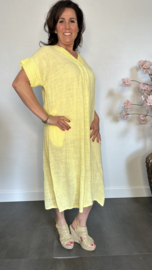 Linnenlook jurk met gehaakt kant Geel